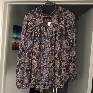 Dark blue floral print long sleeve women’s top